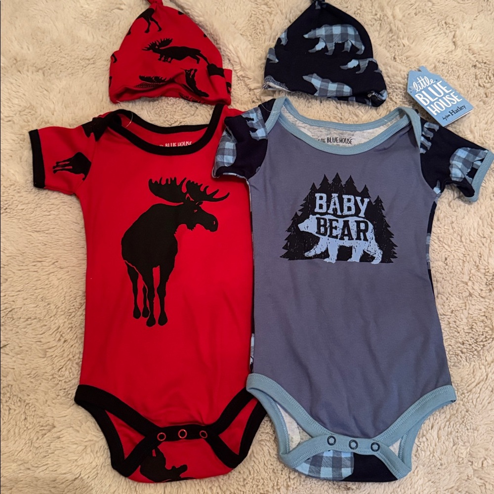 Little Blue House Baby Bear and Moose Onesie Set
